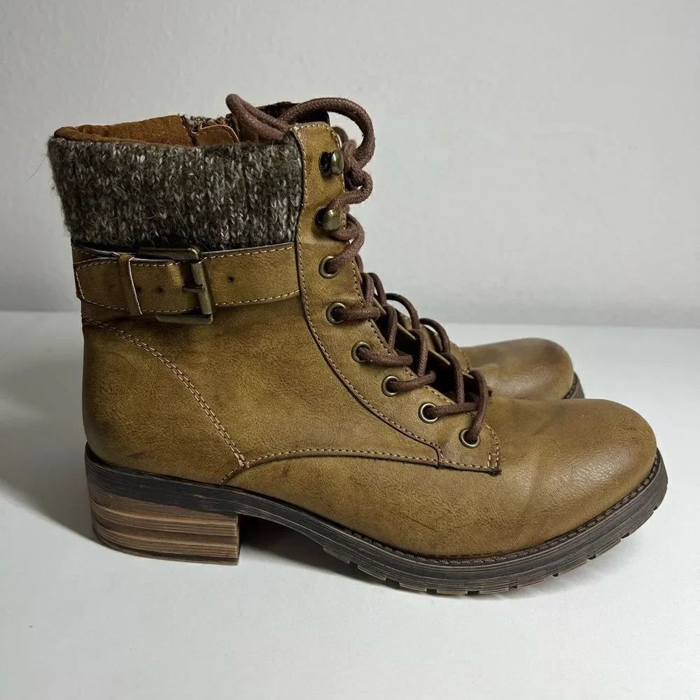 SUGAR Ankle Boots Brown 1/2" Platform Stitch Kaedy Toe Block Heel Combat Sz 10M